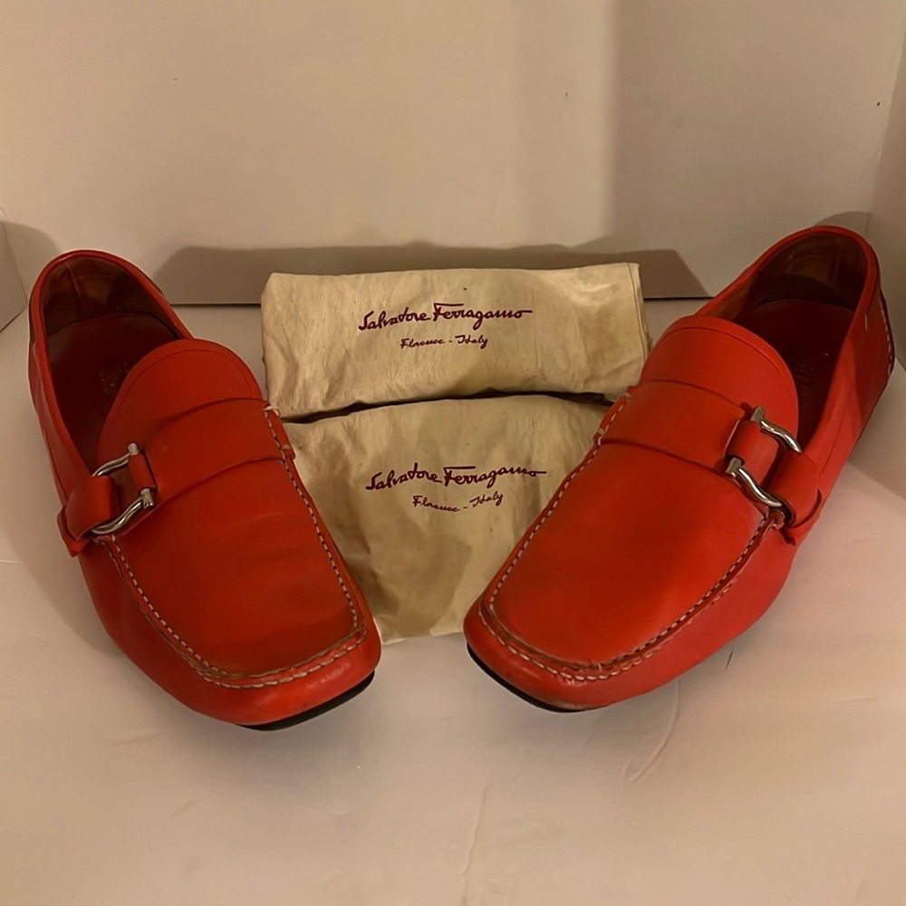 Red ferragamo slip ons silver buckle worn 2 times